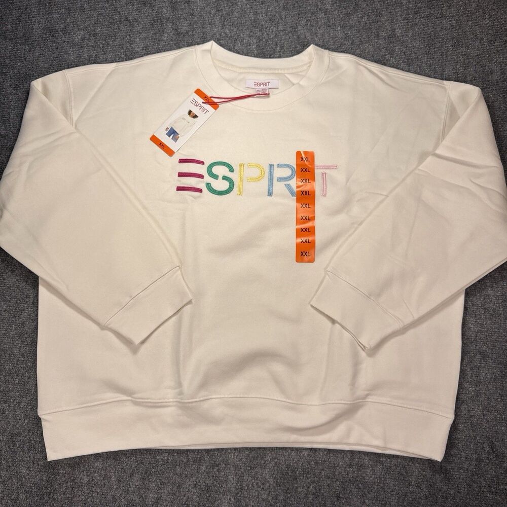 Esprit Women's Logo Fleece Crewneck Sweatshirt Cream Viral 80's Costco XXL NEW - Picture 3 of 6